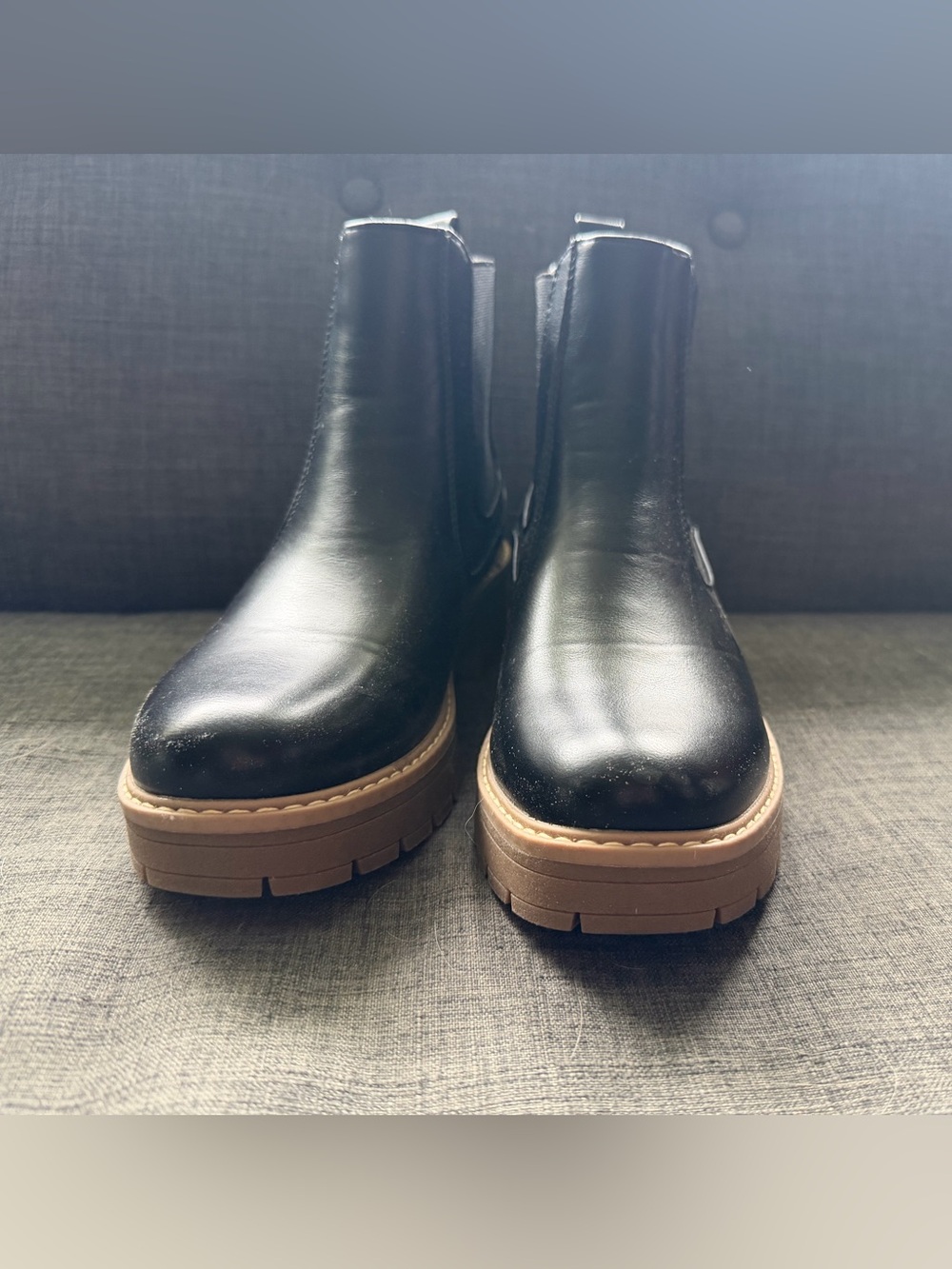 Hawkwell Black Leather Chelsea Booties with Tan Lug Sole